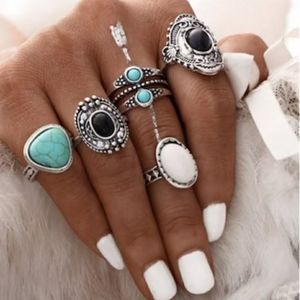 NEW 5-Pc Boho Tibetin Silver Turquoise and Black Ring Set